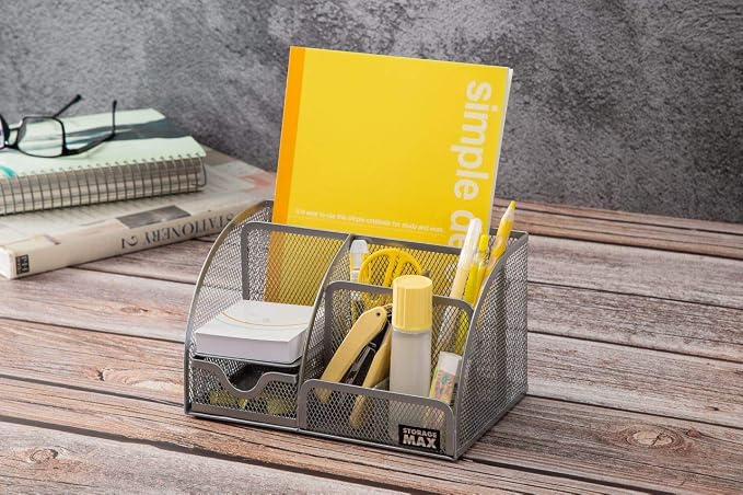 Desk Organizer with Drawer, Desktop Wire Mesh Sorter with 6 Compartments for Pens, Pencils and Letters (Silver)