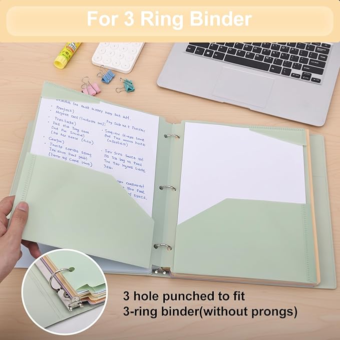 EOOUT 24pcs 3 Hole Punch Folders with 2 Pockets, Plastic File Folders for 3 Ring Binder, with Pocket and 2 Card Slots, Heavy Duty Poly Folders for School Office Supplies