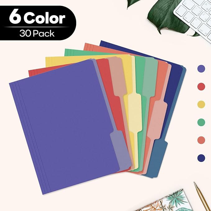 Piasoenc Color File Folders Set of 30, 1/3 Cut Tab, Letter Size Folder for 8.5 x 11 Documents Files, Assorted 6 Colors Filing for Office School Business