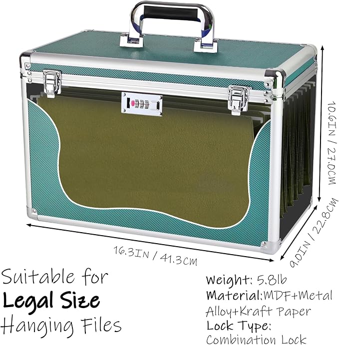 File Storage Cabinet for Legal SizeHanging File Folders, Suspension File Holder, Document Organizer Filing Lockbox in Office and Home with Combination Lock and 10-pack Hanging Files (Green, Legal)