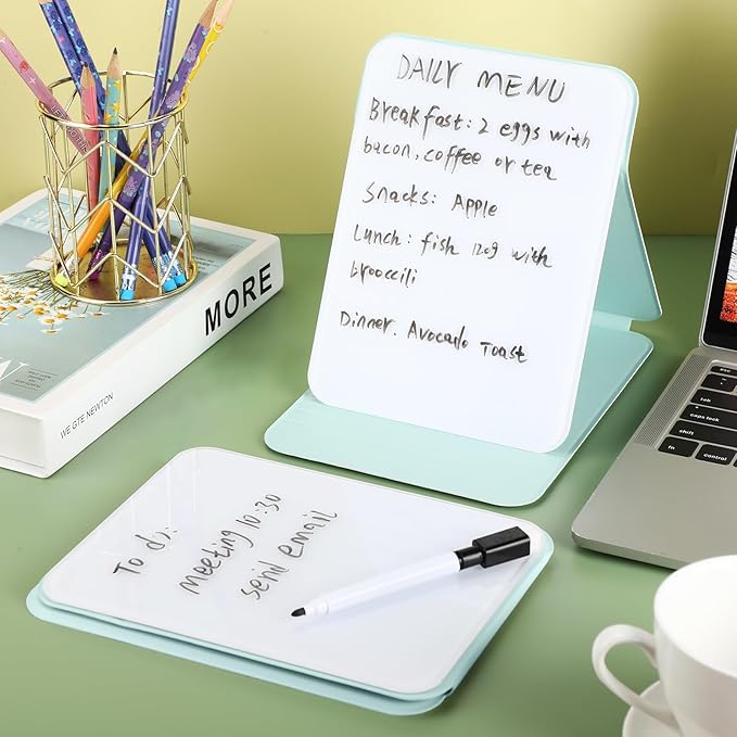 Dunzoom 2 Pcs Small Glass Desktop Whiteboard with Reversable Stand 8 x 6 Inch Mini Dry Erase White Board Easel with 2 Markers Reusable Desk Notepad for Home Office School Supplies (Green)