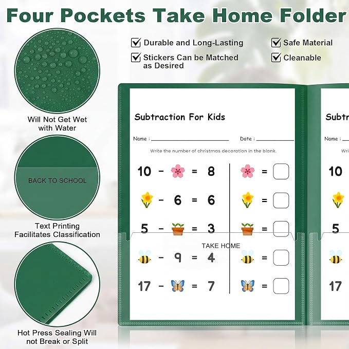 Henoyso 48 Pcs Take Home Folder Heavy Duty 2 Clear Front Pockets and 2 Inside Pockets Homework Folders for School Students Parent Teacher Classroom Communication (Dark Green)