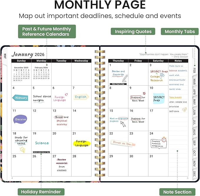 2026 Planner, Weekly and Monthly Calendar Planner for Women, Jan 2026 - Dec 2026, Hardcover Planning Agenda book with Tabs, Spiral Bound, Inner Pocket, Perfect for School Office Supplies, 8.5" x 11" - Garden Bird