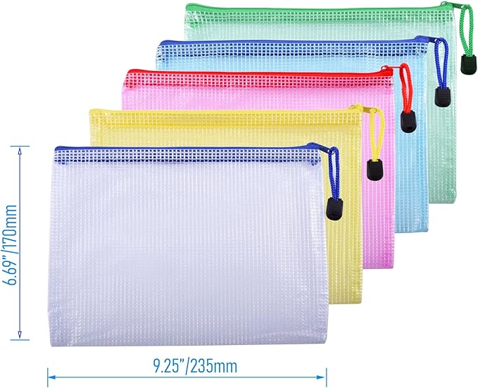 6 Pcs 9.25" x 6.69" A5 Sizes Mesh Zipper Pouch Bags, Mesh Bags with Zipper，Waterproof Clear Document Pouch for Organization Puzzles Travel, Office, Classroom Organization, A5 Multicolored