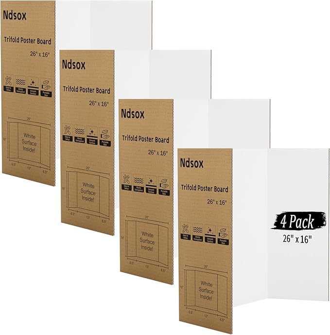 Ndsox 4 Pack 26" x 16" White Trifold Poster Board Medium Size Corrugated Tri Fold Project Poster Boards Science Fair Display Posterboards for Business Presentations, Event Displays, Art Exhibitions