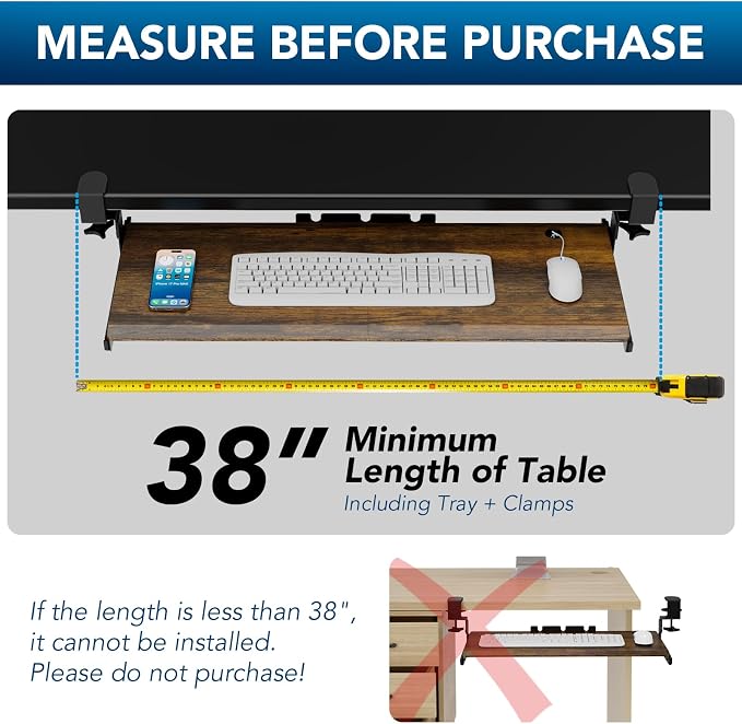 AX WABER Keyboard Tray Under Desk Pull Out with Extra Sturdy C Clamp Mount System, 32.8 (38 inch Including Clamps) x 12 Inch Slide-Out Platform Computer Drawer for Typing Vintage AX01WG202