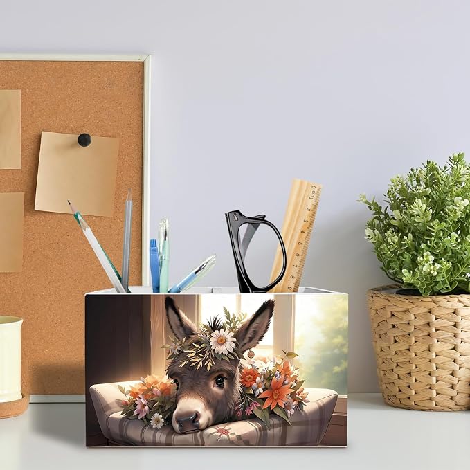Rustic Floral Donkey Pen Holder for Desk, Donkey Gifts for Women Pencil Organizer, Farmhouse Animal Wildflower Wooden Box Sign Desk Decor for Home Office Decoration