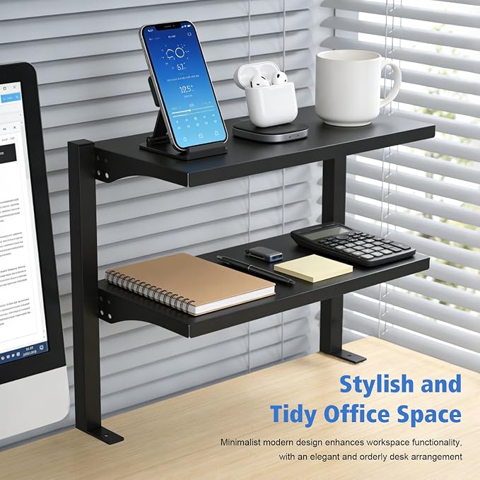 Clamp On Desk Shelf 2 Tier Office Desk Shelves Organizer, Adjustable Above or Under Desk Storage Shelves, Tabletop Book Storage Rack Heavy Duty Desktop Organizer for Working and Gaming Accessories