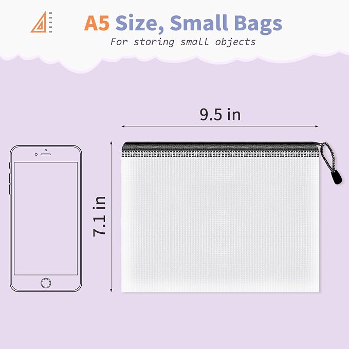 Umriox 24PCS Small Zipper Pouch, 9.5 x 7.1 in, Mesh Bags for Storage, Zipper Bags for Office Supplies, Receipts, Cosmetics Travel Toiletries