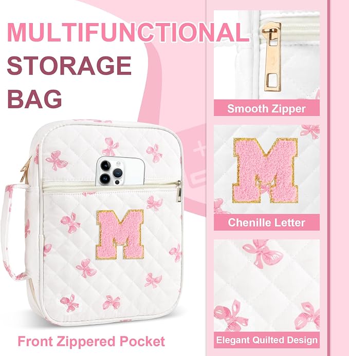 Personalized Initial Bible Cover Case for Women Girls Kid - Large Quilted Bible Case with Handle,Chenille Letter Bag Study Supplies,Christmas Gifts for Christians Birthday Graduation(Pink Bow-M)
