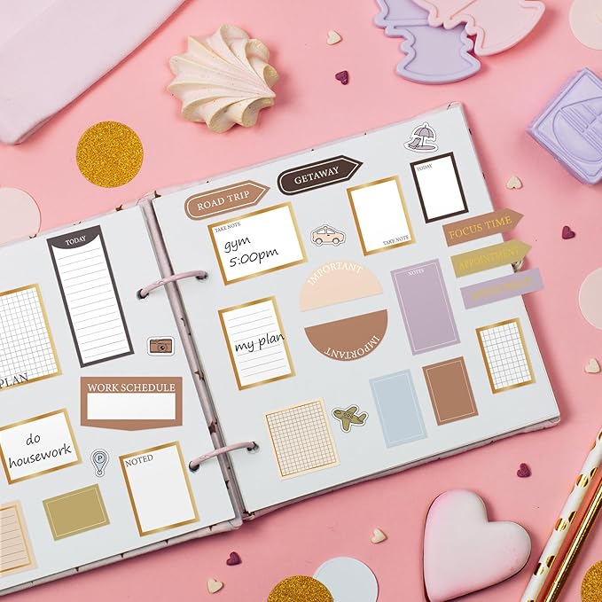 Ctosree 24 Sheets Functional Planner Stickers with Elbow Tweezer Mixed Metallic Functional and Elegant Stickers for Planners Notebooks Budgeting (Neutral Color)