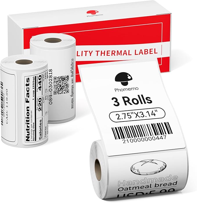 Phomemo M220 Labels, for M250 M200 M221 M260 3 Inch Label Printer, Multi-Purpose Thermal Paper for Address, Shipping, Ingredient, Clothing, Small Business, Black on White 2.76"x3.15"(70x80mm) 3 Rolls