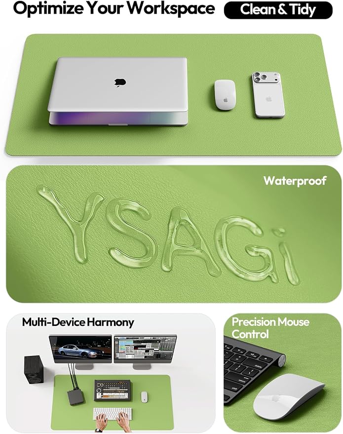 YSAGi Leather Desk Protector, Office Mat, Large Mouse Mat, Non-Slip PU Leather Blotter, Laptop Pad, Waterproof Writing Pad for Office and Home (Leaf Green, 31.5" x 15.8")