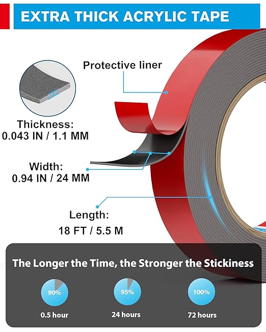 EMITEVER Double Sided Tape Heavy Duty, Tesa Adhesive Mounting Tape Waterproof, 0.94IN x 18FT Strong Acrylic Foam Tape for Walls, Automotive, Home Office Decor