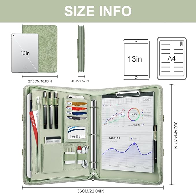 Leathario Portfolio Binder, Includes 5 Folder Index Dividers, 13 Inch Tablets Organizer with Handle, Vegan Leather A4 Padfolio, Multi-Pocket Notepad Business Planner Professional Document