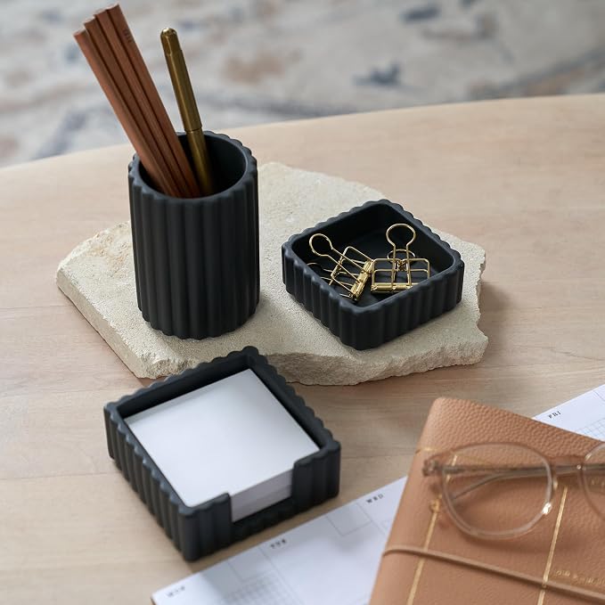 KIBAGA Modern Aesthetic Desk Accessories Set of 3 - Stylish Concrete Organizers for Pens & Office Supplies - A Cute and Functional Addition to Your Workspace Decor