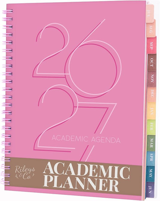 Rileys Academic Planner 2026-2027, Daily, Weekly & Monthly Planner, July 2026 - June 2027, Student Notes Pages, Twin-Wire Binding, Weekly Agenda for School & Work (8 x 6-Inches, Deco, Pink)