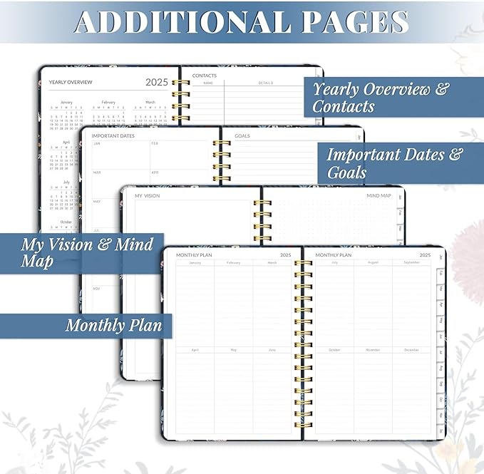 2025 Planner, 12 Month Calendars for Daily and Monthly Planner 2025, A5 Spiral Bound Weekly Planners with Tabs, Day Agenda Organizers from Jan. to Dec. (Black Bloss)