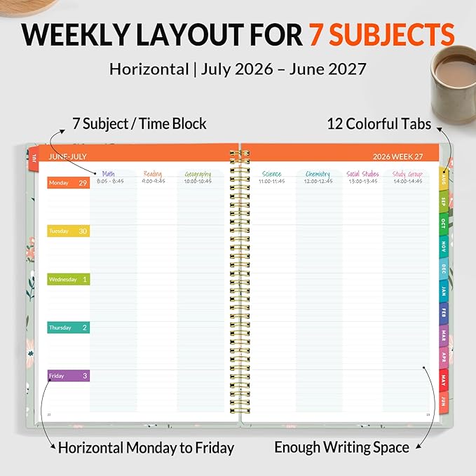 SUNEE Teacher Planner 2026-2027 Academic Year, Lite Lesson Planner Book with 7 Periods Jul 2026 - Jun 2027, 8.5"x11" Daily Weekly and Monthly Organizers, Plan Book with Pocket, Color Tabs, Wildflower