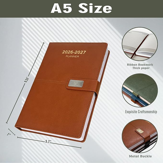 2026-2027 Daily Planner - One Page per Day, 2026-2027 Hourly Daily Calendar(July 2026 - June 2027), 5.7" x 8.26" Appointment Book, Leather Cover + Thick Paper (26-27 Brown)