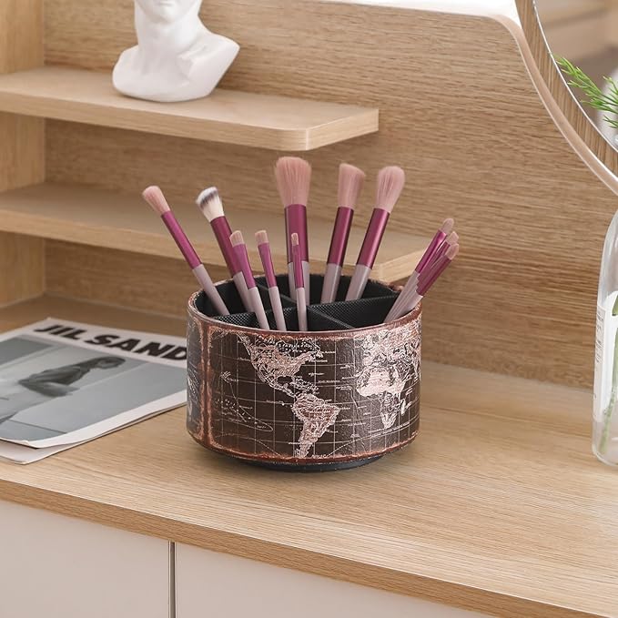 Vintage World Map Remote Control Holder, 360 Degree Rotating Desk Organizer and TV Remote Caddy, PU Leather Spinning Pen Holder for Living Room, Nightstand, and Office Supplies PH132