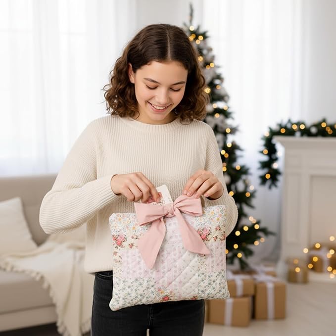 Honoson Quilted Bow Bible Sleeve Book Cover Case Padded Protector Washable Bible Bag Pouch Christian Gift for Women Girls Book Lover Gifts(Assorted Floral)