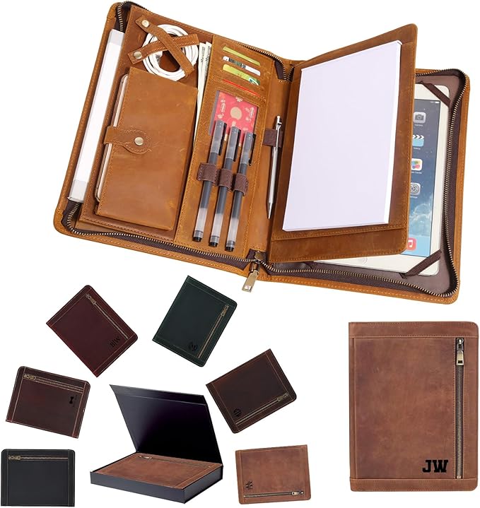 Personalized Leather Portfolio Case for iPad Pro 11 Inch (2025/2024/2022/2021/2018), Smart Folio Cover with Pencil Holder & Zipper Pocket, Compatible with iPad 10.5/9.7, Custom Business Gift