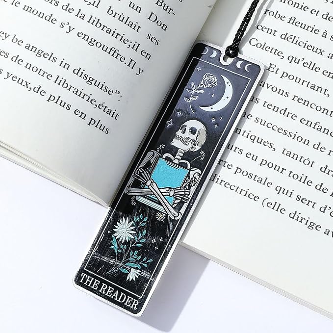 3Pcs Unique Skull Reader Bookmark - Metal Bookmark with Black Tassel, Star and Rose Pattern, Engraved “THE Reader” for Dark Gothic Lovers, Women Readers Fantasy Gift Gothic Gift (Black Skull Reader)