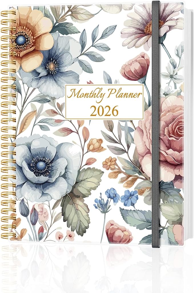 Monthly Planner 2026 - Monthly Calendar from January 2026 to December 2026, 2026 Planner with Inner Pocket, Elastic Band, 8.5" x 11", Color Large Flower