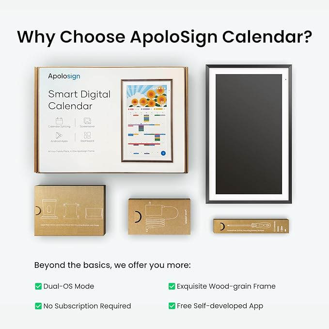 Apolosign 15.6-inch Digital Calendar : Dual Mode Smart Wall Planner, No Subscription, Install Apps, Sync Calendars, Electronic Touchscreen Interactive Display for Family Schedules, Chore Chart - with Stand (Black)