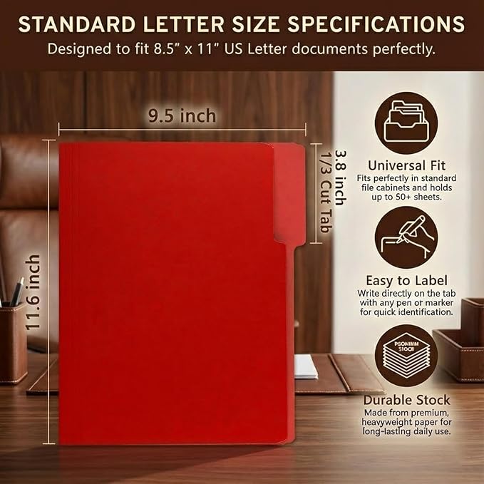 VZCPYTPM Red File Folders,Letter Size (8.5x11 in),1/3-Cut Tabs in Assorted Positions,150 Pack Cardstock Paper Folders for Office,School & Home Filing Cabinet Organization, Bulk Document Folders