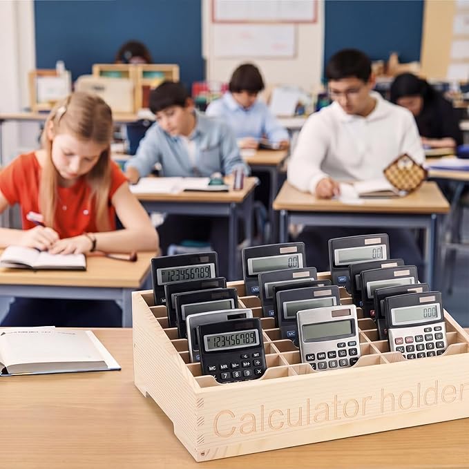 Ripeng 24 Grid Calculator Holder for Classroom with 24 Number Stickers Wooden Calculator Organizer Box Cell Phone Organizer Desktop Storage Tray Caddy for Classroom Office Meeting Room