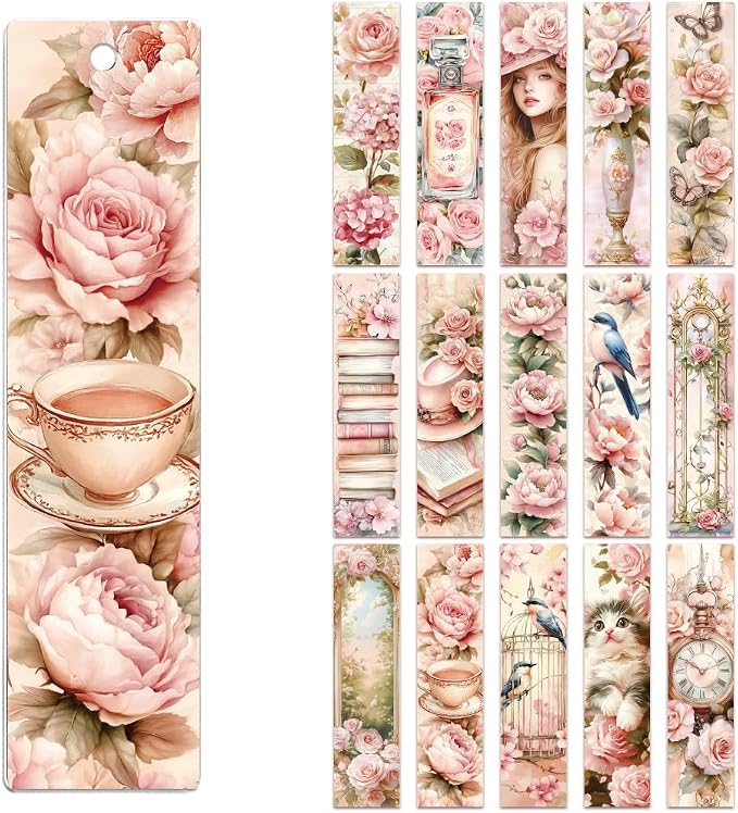 Peacoblue 30pcs UV DTF Bookmarks Transfer Stickers Wraps Pink Retro Flowers for Women Men Reading, Waterproof Bookmarkers Decal(No Blank Bookmarks) for Acrylic Plastic Metal Blank Bookmark