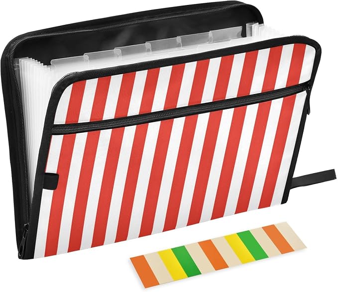 ALAZA Red White Striped 13 Pocket Expanding File Folder with Labels, Accordion File Folder File Organizer Letter A4 Paper for Office School Student