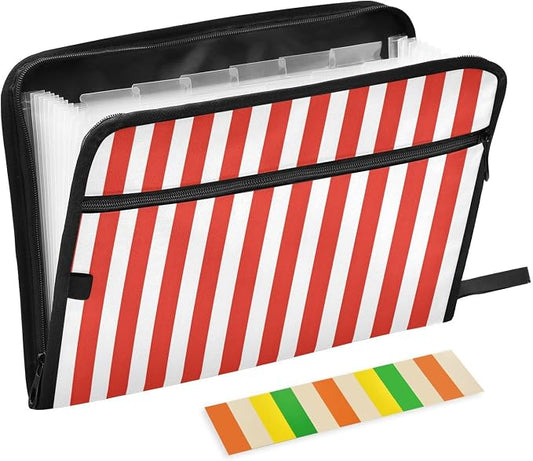 ALAZA Red White Striped 13 Pocket Expanding File Folder with Labels, Accordion File Folder File Organizer Letter A4 Paper for Office School Student