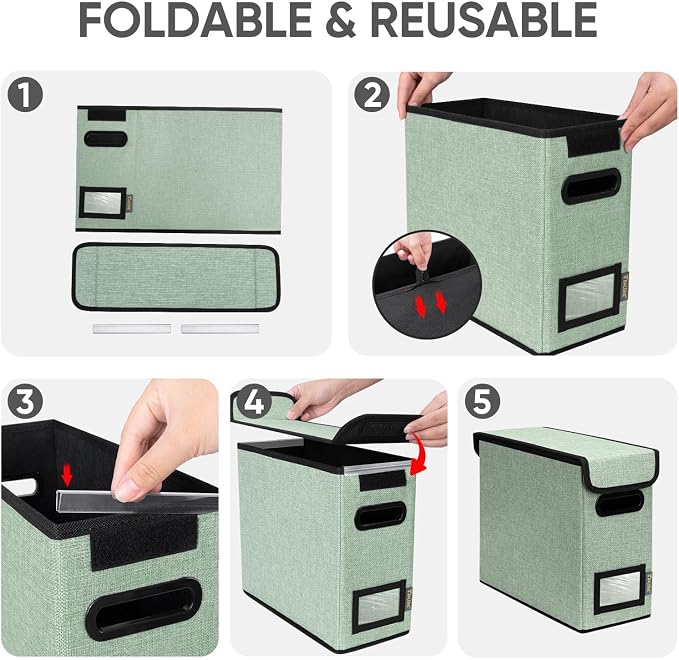 BALEINE File Organizer Box with Lid, Collapsible File Folder Organizer with Plastic Slide, Hanging File Folder Box for Office Document Storage (2 Pack, Green, S)