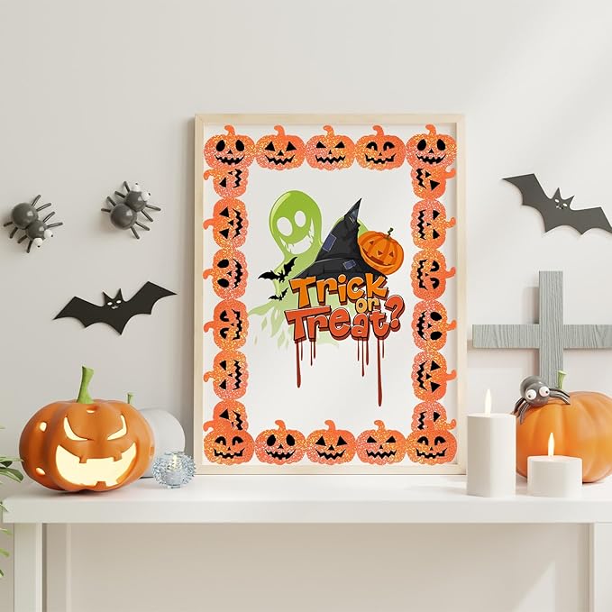 JarThenaAMCS 60 Pcs Halloween Bulletin Board Borders Orange Laser Pumpkin Face Border Trim Sparkly Self-Adhesive Sticker Decals for Holiday Party Home Classroom