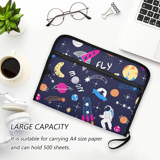 Space Rocket Astronaut Planet File Folders,Plastic Folders with 13 Pockets,Expandable File Folder for Documents School Students Office,Aesthetic Folder with Labels A4 Letter Size
