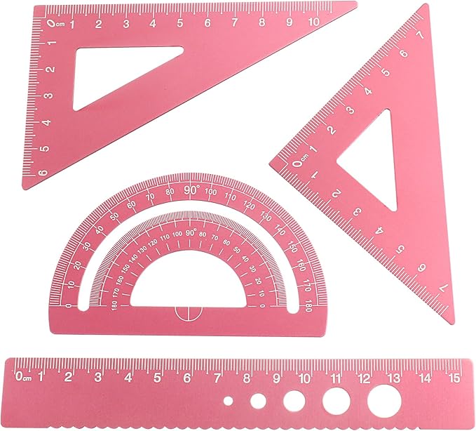 4 Pcs Triangular Ruler Set, Aluminum Alloy Geometry Tools, Metal Drafting Ruler for Students, Draftsmen, Engineers, School Office Supplies with Protractor & Metric Scales (Pink)