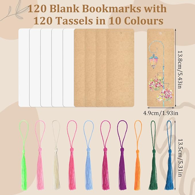 WANDIC Blank Bookmarks Set, 120 Pieces White & Brown Bookmarks and 120 Pieces Colorful Tassels for DIY Projects Gift Supplies