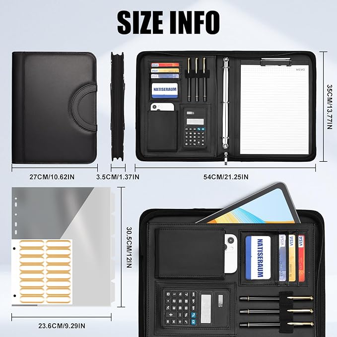 Portfolio Binder 3 Ring Includes Pen and 5 Dividers with 10 Pockets, Padfolio Organizer with Magnetic Handle for Men and Women, Includes A4 Notepad for Business, School, Work