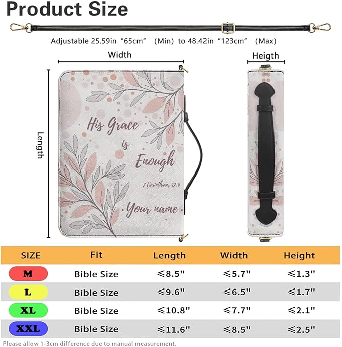 Personalized Bible Cover for Women, Large Bible Cover Case with Name, II Corinthians 12:9 Biblia Protecto with Strap Handle Inner Pockets and Pen Loop,Christian Gifts for Mother, White
