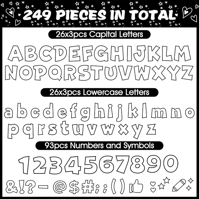 249 Pcs Bulletin Board Letters Set, 4 Inch Colorful Alphabet Numbers & Punctuation Cutouts with Adhesive Dots for Classroom Wall & School Decor (White)