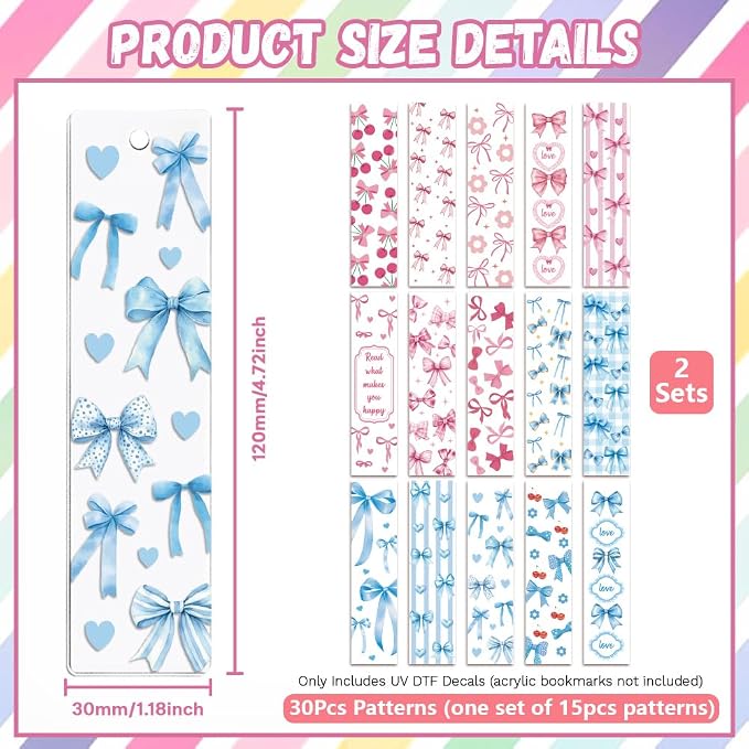 Peacoblue 30pcs UV DTF Bookmarks Transfer Stickers Wraps Bows for Women Men Reading, Waterproof Bookmarkers Decal(No Blank Bookmarks) for Acrylic Plastic Metal Blank Bookmark