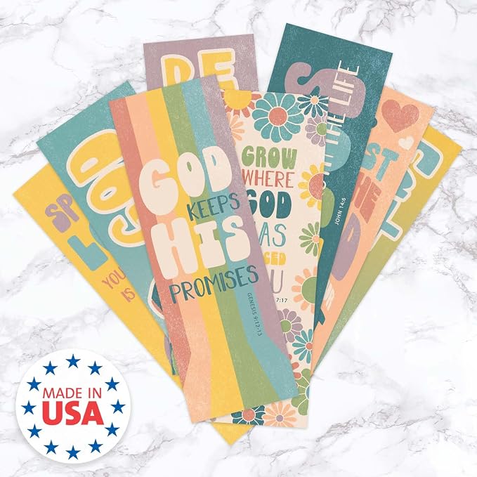 Religious Teen Bookmarks / 24 Uplifting Faith Bookmark Set / 2" x 6" Retro Christian Motivational Bible Verse Page Saver Quotemark Cards / 12 Encouraging Designs/Made in The USA
