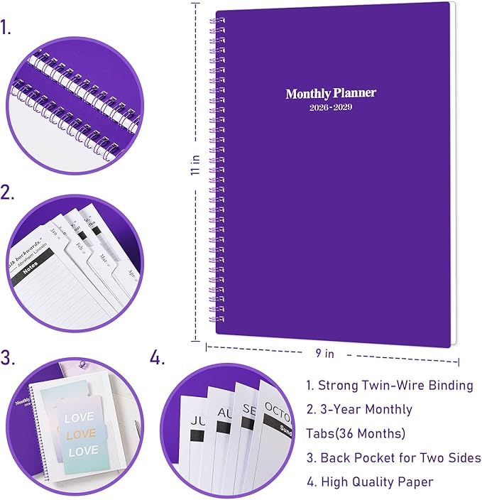 2026-2029 Monthly Planner/Calendar - JUL 2026 - JUN 2029, 3 Year Months Planner 2026-2029, 9'' x 11'', 2-Side Pocket, 36 Monthly Tabs, Purple