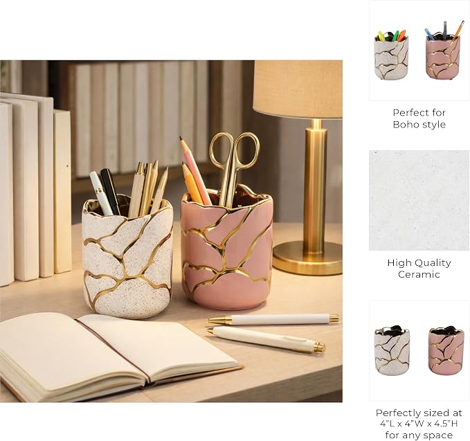 Cylindrical Desk Organizer for Desktop Organization - Ceramic Office Storage Organizer for Workspace Decor - Boho Stoneware Design Small Office Accessories for Home Decor - Set of 2, 5", Ivory & Pink