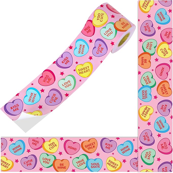 JarThenaAMCS 66Ft Valentine's Day Bulletin Board Border Conversation Heart Border Trim Self Adhesive Colorful Heart Bulletin Board Stickers for School Classroom Chalkboard Wall Party Decor