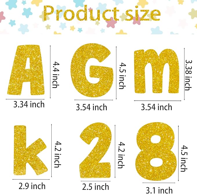 225Pcs Glitter Bulletin Board 4inch Letters with Adhesive Dots Punctuation Symbols Cutout for Classroom Numbers Alphabet School Display Decorating Supplies (Gold)