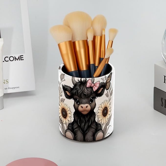 Leather Pen Holder for Desk, Black Highland Cow Floral Makeup Brushes Holder Pencil Cup Multifunctional Desktop Organizer Caddy for Home School Office Desk Accessories